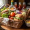 A classic wicker picnic basket overflowing with a colorful spread of summer dishes