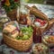 A classic wicker picnic basket overflowing with a colorful spread of summer dishes