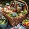 A classic wicker picnic basket overflowing with a colorful spread of summer dishes