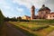 Classic wide-angle view of amazing cathedral and scenic garden in famous baroque palace Jaromerice nad Rokytnou