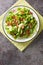 Classic Wilted Lettuce Salad With Bacon Dressing closeup in the plate. Vertical top view