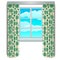 Classic window and view of sky and clouds in frame with beige curtains with floral ornament. Home interior elements