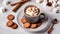 A classic winter beverage is a cup of hot chocolate or cocoa with marshmallows, cinnamon, and cookies on a white table
