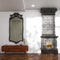 Classic wood carved mirror frame and vintage ceramic fireplace in white new interior 3d render