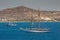 Classic wood sailing vessel on blue sea