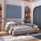 Classic wooden bedroom with master bed, parquet floor, niches and carpet in white and blue tones. Arched door with curtains and