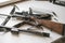 The classic wooden and metal hunting weapon rifle disassembled parts and details