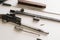 The classic wooden and metal hunting weapon rifle disassembled parts and details