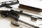 The classic wooden and metal hunting weapon rifle disassembled parts and details