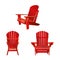 Classic wooden outdoor chair painted in red color. Garden furniture set in adirondack style