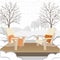 Classic wooden outdoor chairs with chunky knit plaid and pillow. Winter garden or park landscape