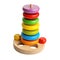 A classic wooden ring stacker toy with brightly colored rings in rainbow hues.