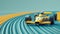 Classic yellow race car on a flowing blue and yellow track.