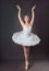 Classical Ballet dancer portrait. Beautiful graceful ballerina in white tutu from Swan lake practice releve ballet position in the