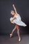 Classical Ballet dancer portrait. Beautiful graceful ballerina in white tutu from Swan lake practice releve ballet position in the