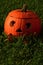 Classical carved gouged out pumpkin Hallowen Jack O Lantern lying on green lawn with autumn leaves, sunbathing in morning sunshine