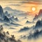 classical Chinese watercolor painting of with beautiful landscapes and mountains.