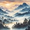 classical Chinese watercolor painting of with beautiful landscapes and mountains.