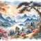 classical Chinese watercolor painting of with beautiful landscapes and mountains.