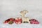 Classical christmas decoration with snow and wooden moose with r