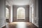 Classical empty room interior 3d render, the rooms have wooden floors and gray walls, decorate with white moulding, there are whit