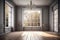 Classical empty room interior 3d render, the rooms have wooden floors and gray walls, decorate with white moulding, there are whit