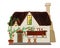 Classical English cottage with tea shop and big chimney. Hand drawn isolated British country house on white background