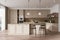 Classical home kitchen interior bar island and cabinet, panoramic window