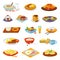 Classical hotel breakfast food menu meal set of isolated vector illustrations. Coffee, fried eggs bacon, toasts and