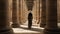 Classical-inspired Woman With Hat Walking Through Pillared Hallway