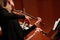 Classical music. Violinists in concert. Stringed, violinist. Closeup of musician playing the violin during a symphony