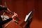 Classical music. Violinists in concert. Stringed, violinist.Closeup of musician playing the violin during a symphony
