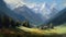 Classical Painting Style Landscape Of Summer Alps