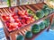 Classical road Greek stand rack shelf board table with colorful fruits peaches figs water melons for car traveling tourists on Gre