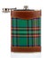 Classical scotland pewter hip flask with leather and tartan trim isolated on white background