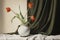 Classical still life with a earthen vase and tulips, green curtains in the background