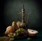 Classical still life with jug, pears and grape on wooden table