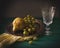 Classical still life with pears, grape and glass with water.