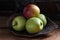 Classical still life photograph of apples in wooden basket