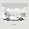 Classical supercar minimalist retro poster, car in front of a villa, hotel with palm trees