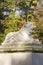 Classical theater isle stage, amphitheater in Warsaw Royal Baths Park, stone statue of lion, Warsaw, Poland