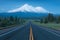 Classical view of Mount Shasta Volcano with glaciers, in California, USA. Panorama from Heart Lake. Mount Shasta is a volcano