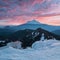 Classical view of Mount Shasta Volcano with glaciers, in California, USA. Panorama from Heart Lake. Mount Shasta is a volcano