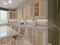 Classical wooden kitchen with wooden details, beige luxury interior design