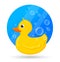 Classical yellow rubber duck with soap bubbles. Vector Illustration of bath toy for baby games