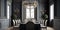 Classically-styled formal dining room with a large chandelier. Generative AI