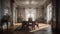 Classically-styled formal dining room with a large chandelier. Generative AI