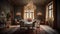 Classically-styled formal dining room with a large chandelier. Generative AI