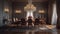 Classically-styled formal dining room with a large chandelier. Generative AI