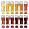 Classification of beer by color. 12 main varieties of beer color in glass glasses with foam.